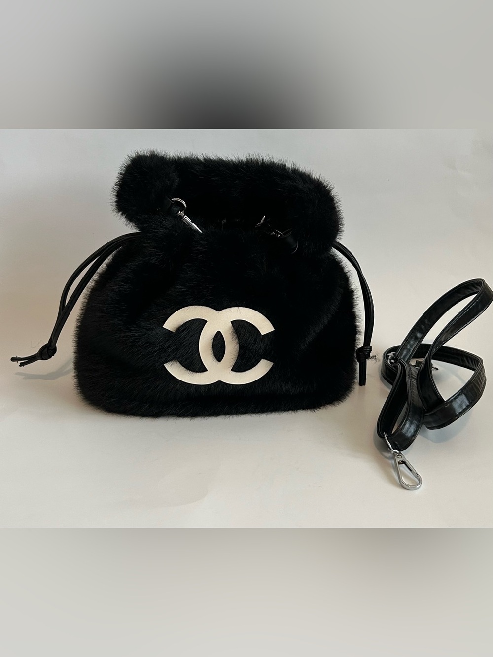 Black Fur Crossbody Bag with White CC Logo